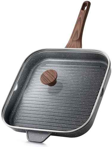 SENSARTE Nonstick Grill Pan with Lid, Grill Pan for Stove Tops, Versatile Griddle with Pour Spouts, Square Big Cooking Surface, Durable Skillet Indoor & Outdoor Grilling. PFOA Free, 12Inch