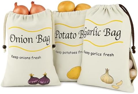 3 Pack Vegetable Storage Bags for Potatoes Onions Garlic, Drawstring