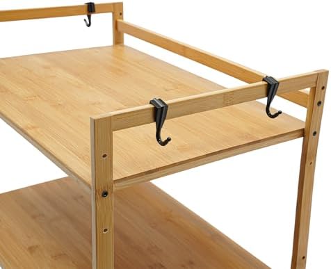 2-Tier Bamboo Microwave Shelf with 4 Hooks