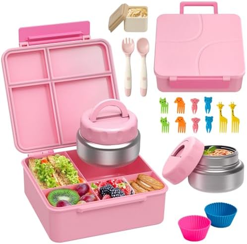 Bento Lunch Box with 9.5 oz Soup Thermo, Kids Leakproof 4 Compartments