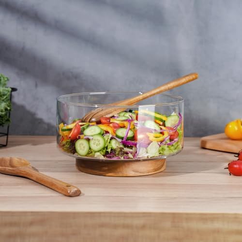 NiHome Glass Salad Bowl with Acacia Wood Salad Tongs, Large Capacity