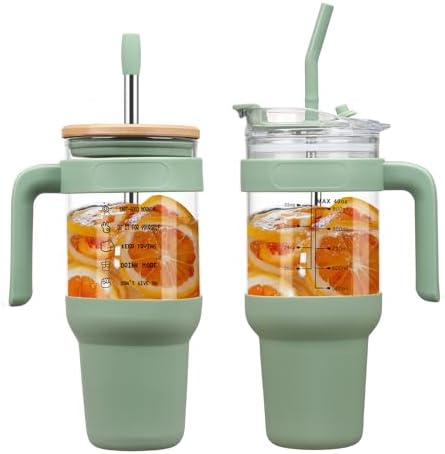 Chunmo 40 oz Glass Tumbler with 2 Lids - Bamboo Straw Lid & 2-in-1 Sip