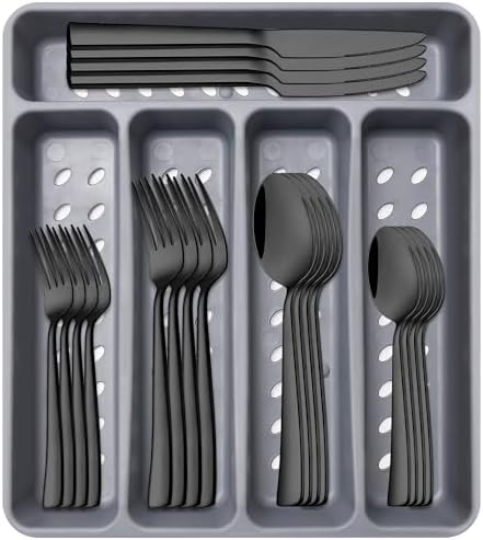 21 Pcs Black Silverware Set with Organizer