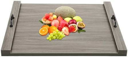 Rustic Wooden Serving Tray with Metal Handles, 30x22in Large Smoked