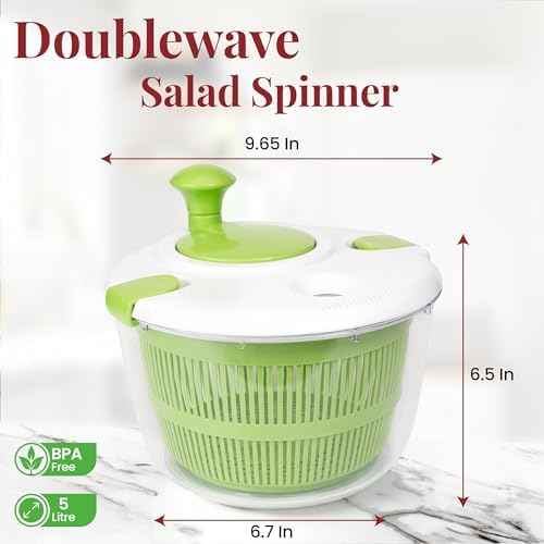 DoubleWave Salad Spinner | Spin & Dry Fruits, Vegetables & Greens Fast | Lettuce Washer with Dual Drain Holes | BPA-Free, Easy to Clean | 5.3 Quart Large Capacity