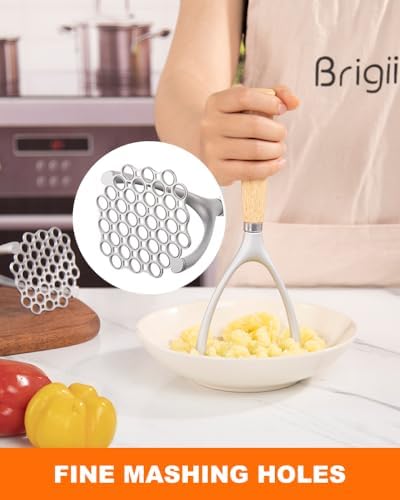 Brigii Potato Masher, Aluminum Alloy Potato Ricer, Wooden Handle Press