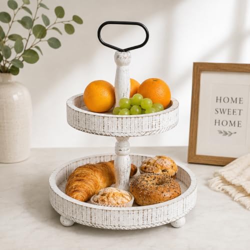 Rustic Farmhouse 2 Tier Wooden Serving Tray with Metal Handle