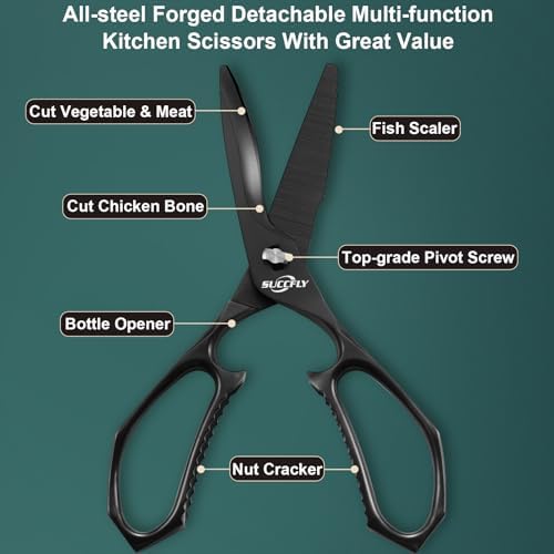 SUCCFLY Heavy Duty Kitchen Scissors for Food Titanium Plated Black