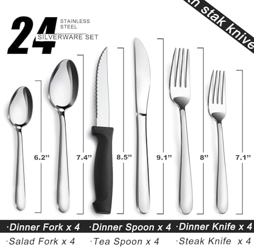 Pleafind 24-Piece Silverware Set - Stainless Steel Cutlery Set with