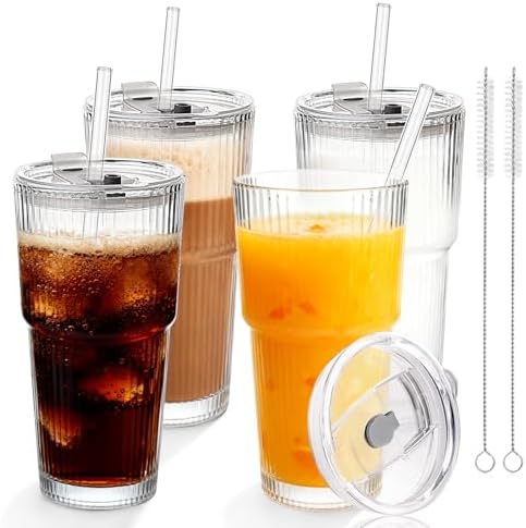 20 OZ Glass Coffee Cups with Lids and Straws, Set of 4 Ribbed Glass