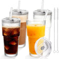 20 OZ Glass Coffee Cups with Lids and Straws, Set of 4 Ribbed Glass