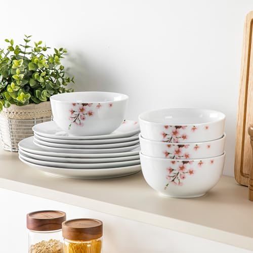VEWEET Porcelain Dinnerware Sets for 4, 12 Piece Pink Plates Bowls