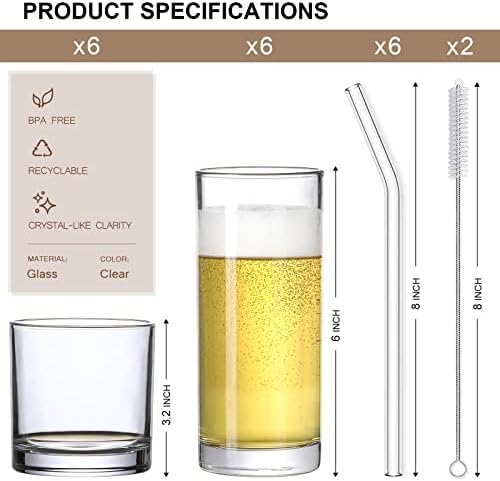 [12 Pack] Glass Cups with Glass Straws, 12oz Highball & Rock Drinking