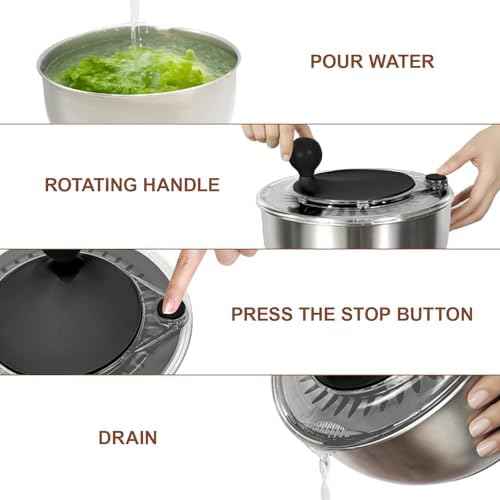 5.3Qt Stainless Steel Salad Spinner,Drain, Stop Button,Quick Dry Black