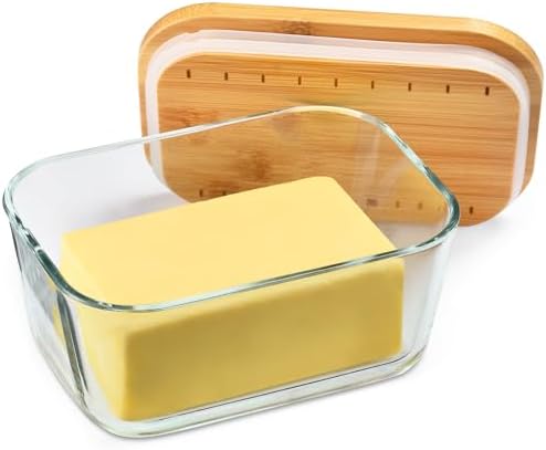 HEKEIEON Glass Butter Dish With Bamboo Sealed Lid - Large Tray for