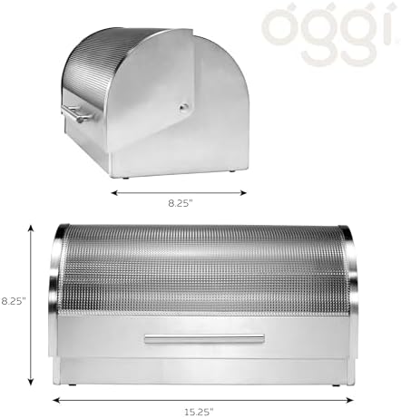 Oggi Stainless Steel Roll Top Bread Box for Kitchen Countertop with Tempered Glass Lid - Fits Multiple Large Loaves of Bread and Other Freshly Baked Goods Including Cookies, Bagels, Muffins