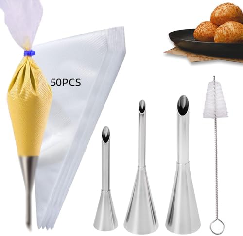3PCS Puff Cream Filling Piping Tips with 50Piping Bags for