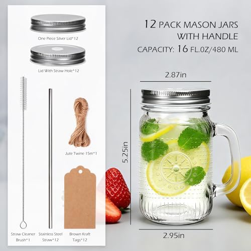 Mason Jar Cups with Handle 16 oz, Vintage Glass Cups with Lids and
