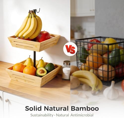 G.a HOMEFAVOR 2-Tier Bamboo Square Fruit Basket for Kitchen Countertop