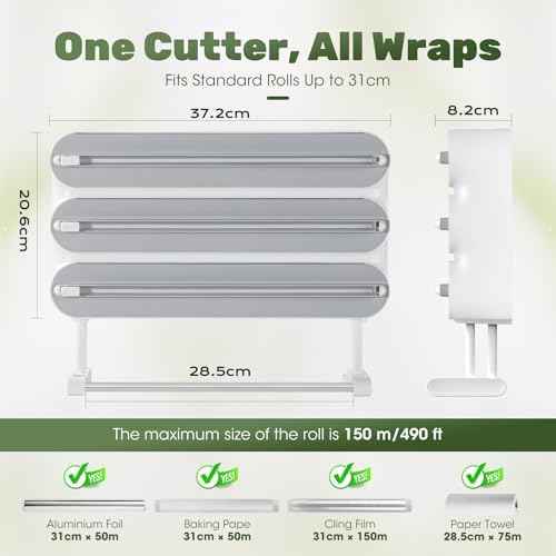 Aluminum Foil & Plastic Wrap Dispenser with Cutter - Magnetic & No-Drill Wall Mount, Cling Film Dispenser with Paper Towel Holder, Space-Saving 4-in-1 Kitchen Organizer - Fits 12" Roll, White