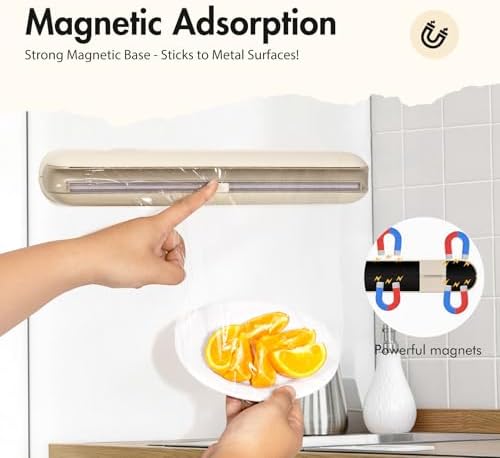 Aluminum Foil & Plastic Wrap Dispenser with Cutter - Easy One-Hand Operation, Space-Saving Kitchen Organizer for Worktops & Cabinets, Magnetic Cling Film Dispenser - Fits 12" Rolls, Latte
