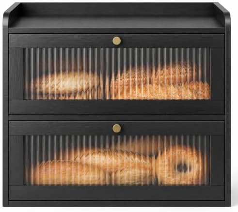 Kitsure Wooden Bread Box for Kitchen Countertop, Large Capacity, Black