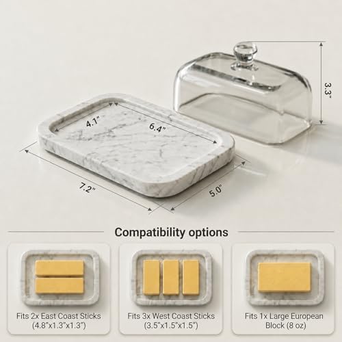 White Marble Butter Dish with Glass Lid, 7.2 x 5 In