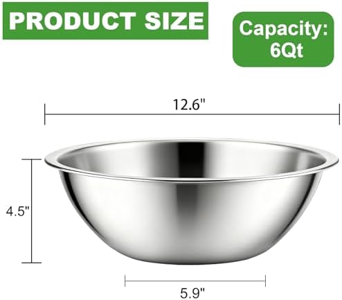 3 Pack Stainless Steel Mixing Bowls, 6 Quart Flat Base Stainless Steel