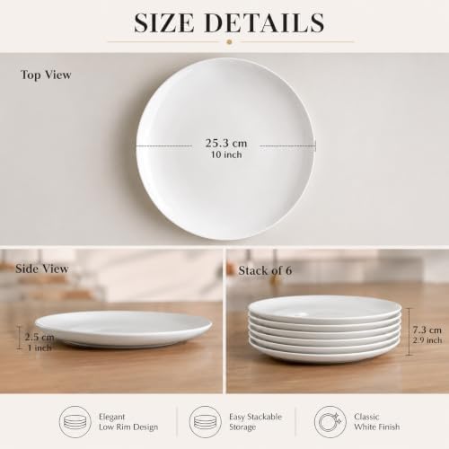 White Dinner Plates Set of 6, 10 Inch Ceramic Plates, White Porcelain