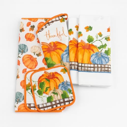 6-Piece Fall Pumpkin Kitchen Set – 2 Dish Towels, 2 Pot Holders, 1