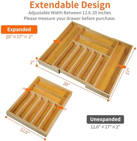 Bamboo Kitchen Drawer Organizer, Expandable Cutlery Tray, Adjustable