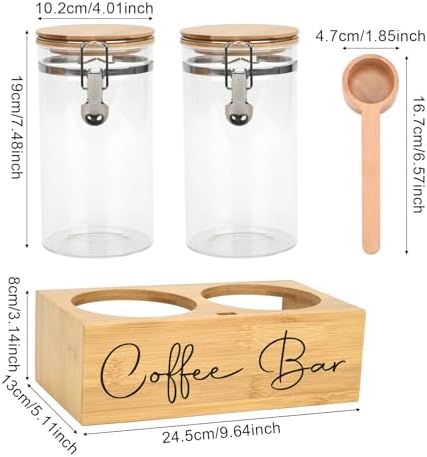 Glass Coffee Canister Set with Bamboo Shelf & Spoon - 2 Airtight