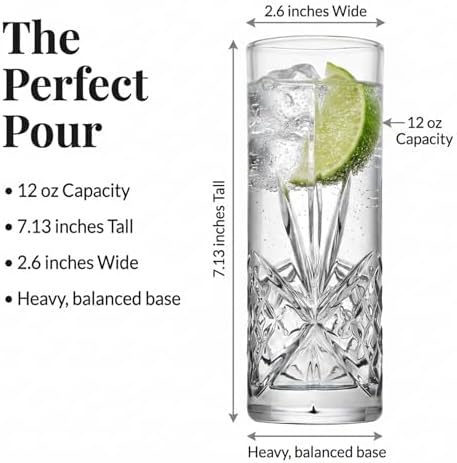 Collins Drinking Glasses, Tall Highball Glasses, Set of 4, Dublin
