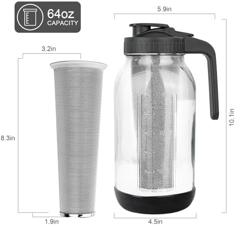 Cold Brew Coffee Maker, 64oz Mason Jar Pitcher with Stainless Steel