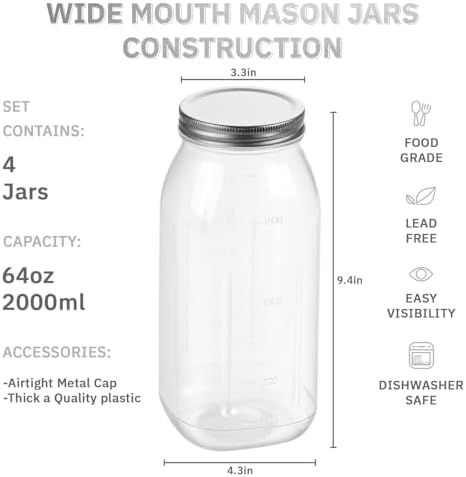 novelinks 64 oz Large Plastic Mason Jars with Airtight Lids Wide Mouth