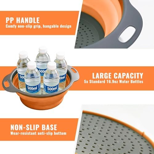 2-Pack Collapsible Silicone Colander with Handle, Orange