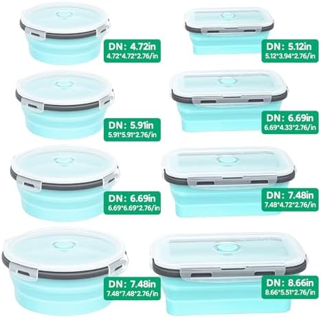 8 Pack Collapsible Silicone Food Storage Containers with Lids, BPA