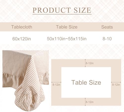 60 x 120 in Farmhouse Ruffle Striped Tablecloth, Cream Brown, Striped