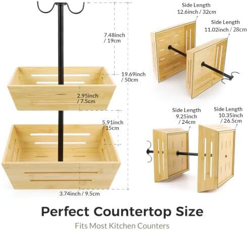 G.a HOMEFAVOR 2-Tier Bamboo Square Fruit Basket for Kitchen Countertop