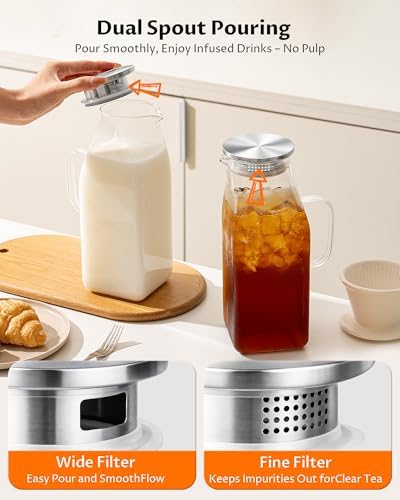 68oz Glass Pitcher with Lid, Borosilicate Glass Carafe with Filter