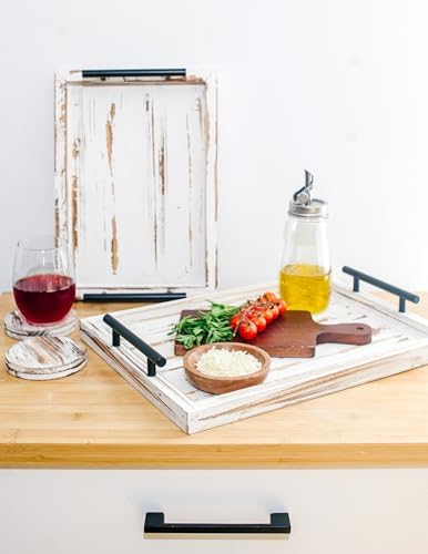Decorative Ottoman Serving Tray Wooden Rustic (Set of 2) | Black Sleek