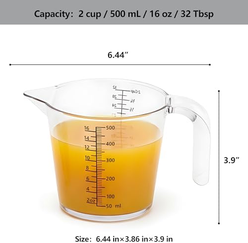 2 Cup (500ml) Measuring Cup, Laser-Etched oz/cup/mL/Tbsp, Plastic