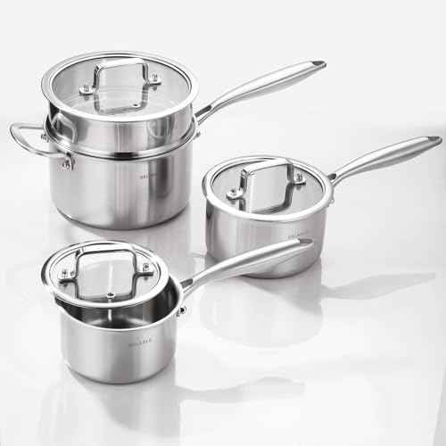 DELARLO Tri-Ply Stainless Steel Saucepan 1QT 2QT 3.5QT Kitchen Pot Set