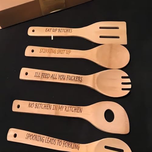 AmSoaN Funny Engraved Coffee Spoon Set(6pcs), Personalized Wooden