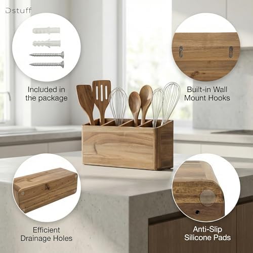 Dstuff Wooden Utensil Holder for Kitchen Counter - Extra Large Kitchen Utensils Holder & Organizer for Countertop - Acacia Wood Cooking Spoon Holder Crock (4 Compartments)