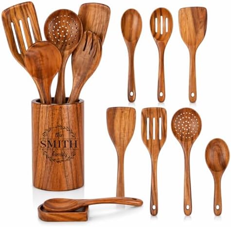 Personalized 9-Piece Wooden Spoon Set with Spoon Rest – Natural Teak