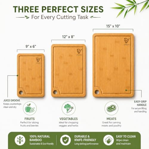3 Pack Bamboo Cutting Boards for Kitchen - Non-Toxic Wooden Chopping