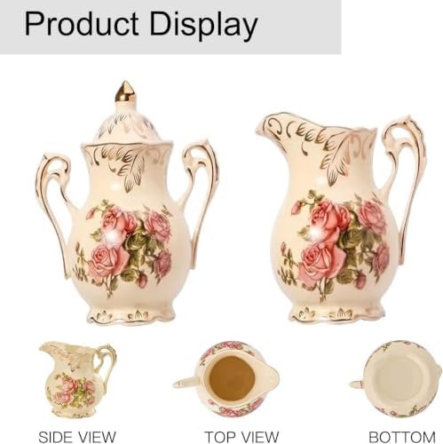 Ceramic Sugar and Creamer Set, Ivory Porcelain with Pink Rose Pattern
