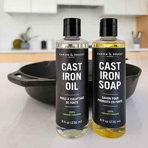 CARON & DOUCET - Cast Iron Cleaning & Conditioning Set: Seasoning Oil & Cleaning Soap | 100% Plant-Based | Best for Washing, Restoring & Seasoning Cast Iron Skillets, Pans & Grills! 8oz Each