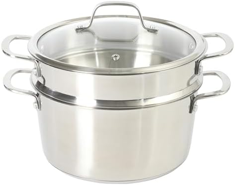 Sur La Table Kitchen Essentials Chef's Deck 3-Piece 5.3-Quart Stainless Steel Dutch Oven with Steamer Insert & Glass Lid – Induction Ready, Tri-Ply Base, Polished Finish & Hollow Stay-Cool Handles